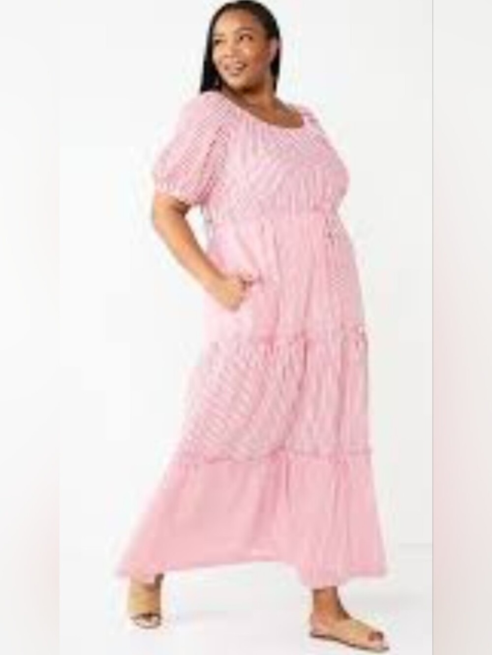 Red & White Striped Tiered Maxi Dress with Puff Sleeves XXL